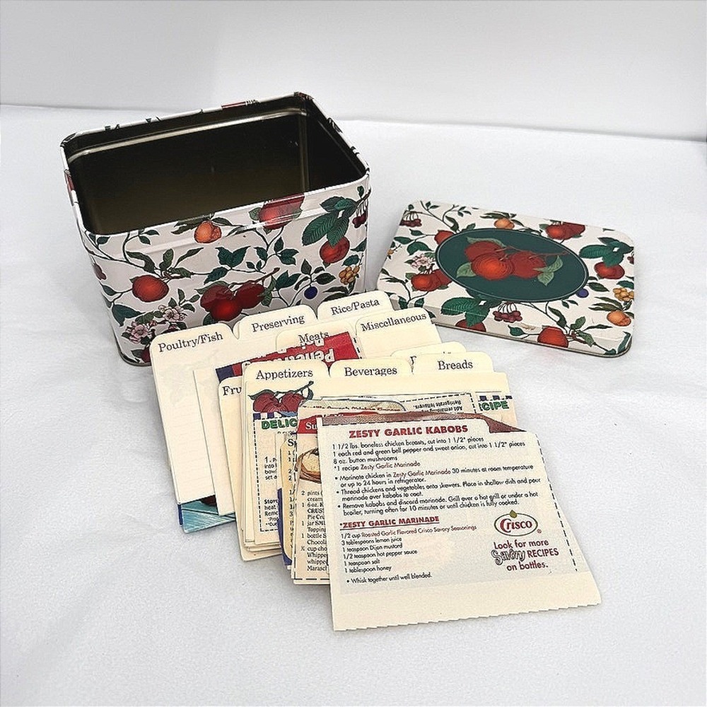 Recipe Box Tin Apple Cherry Fruit Print w/ Clipped Recipes VTG Kitchen Decor